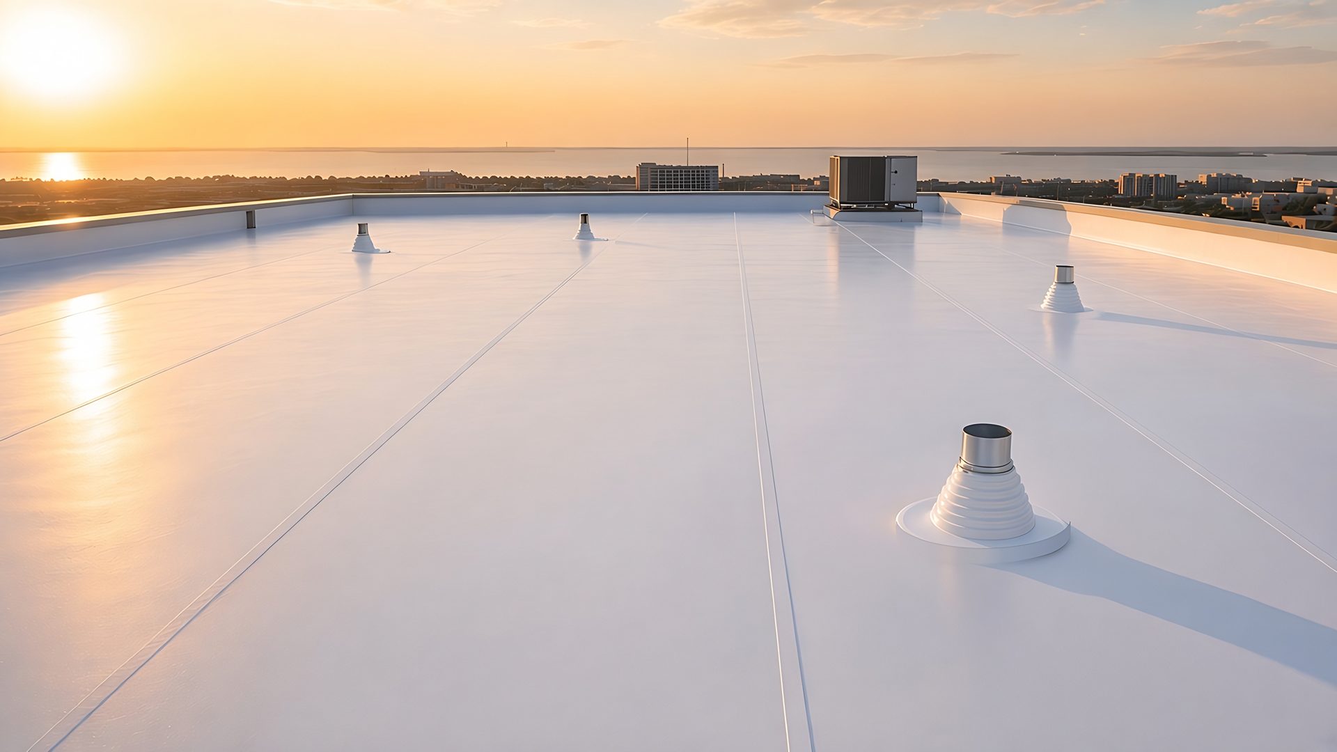 Sunrise over a finished white TPO roof on the Gulf Coast