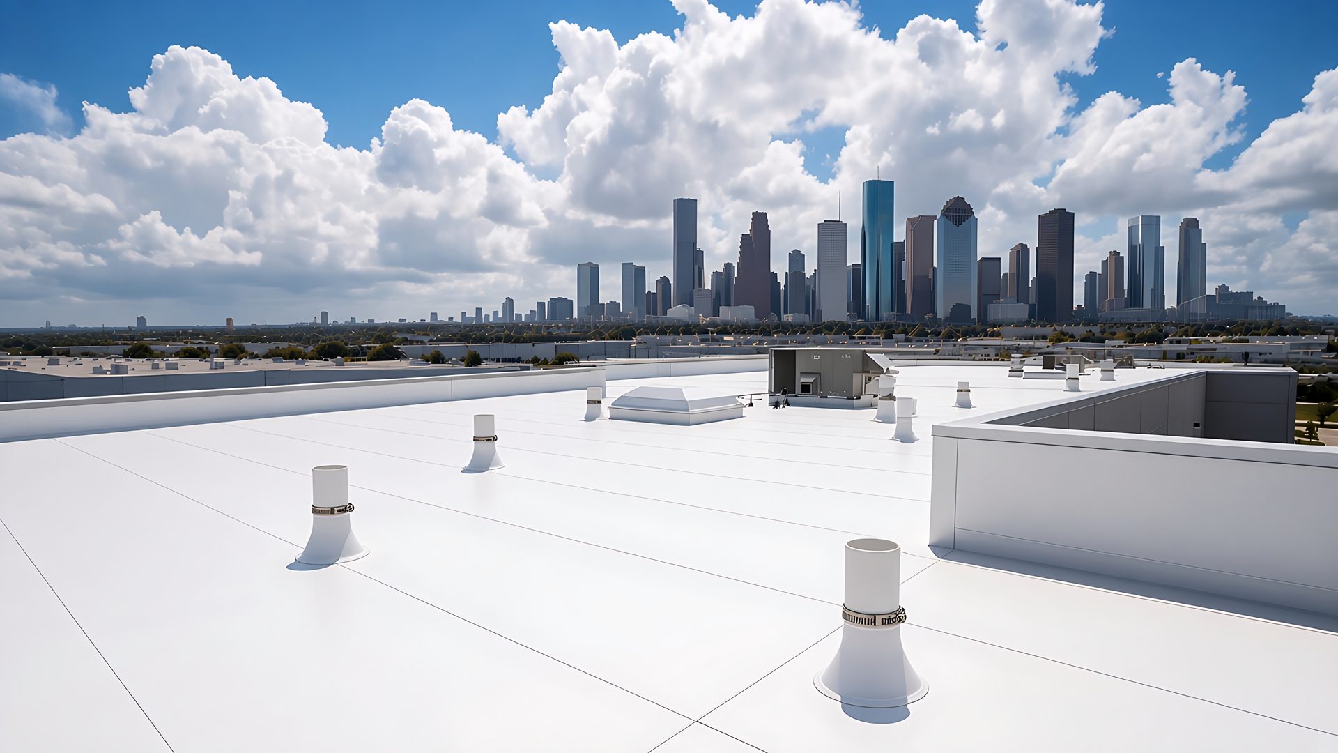 White TPO roof with molded pipe boots on a commercial building, Houston skyline beyond