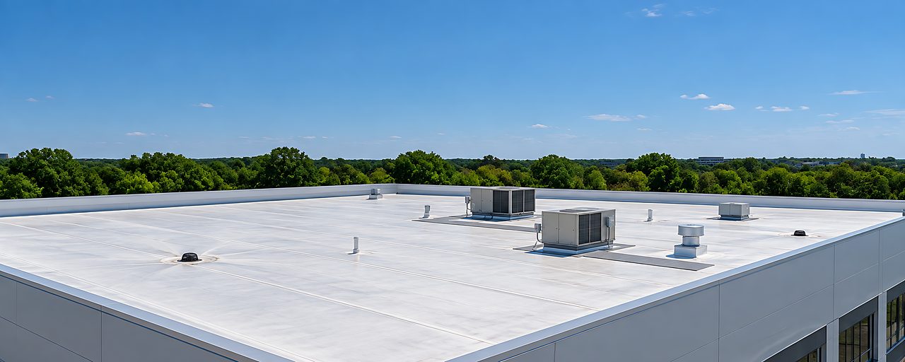 White TPO roof with rooftop units on a commercial building, green tree line and blue sky beyond