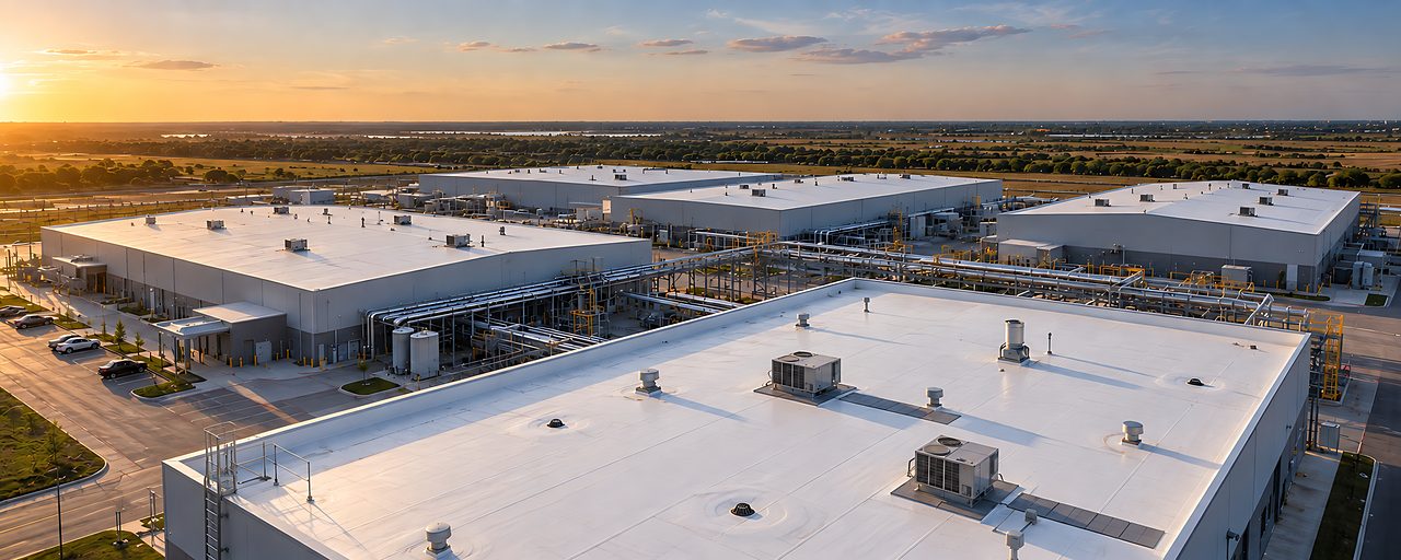 Aerial view at sunset of industrial buildings with white TPO roofs, rooftop units, and pipe racks