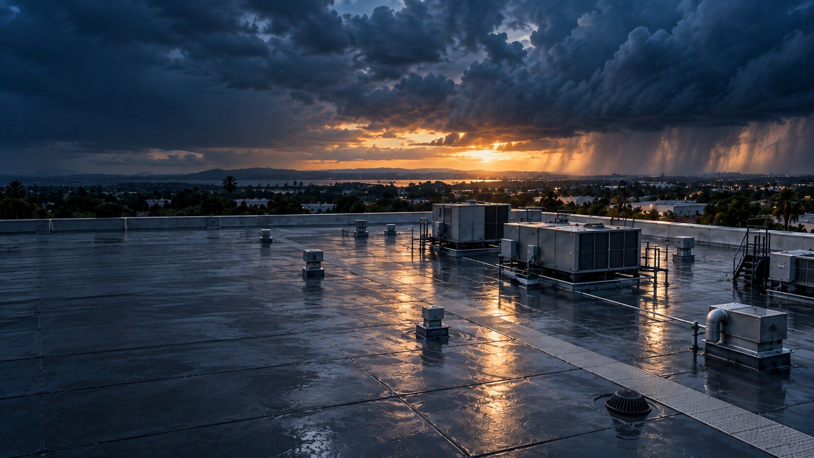 Commercial rooftop after a storm at dusk